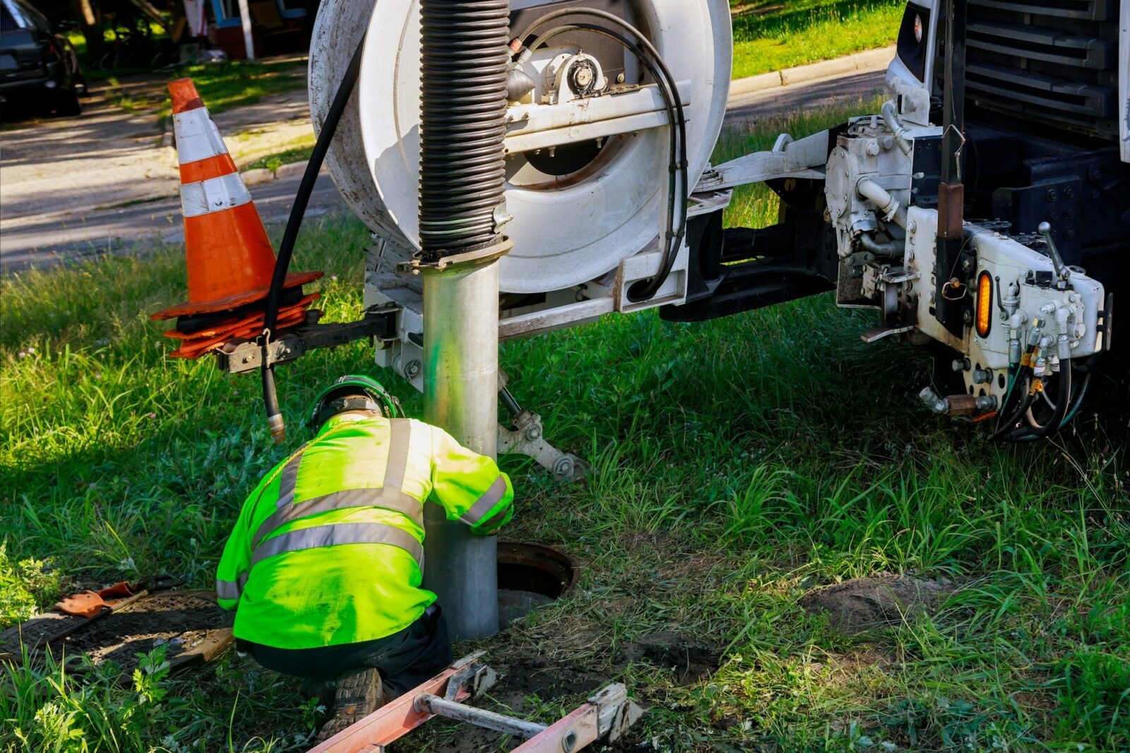 Cleaning the sewer system special equipment on utility service in the town.
